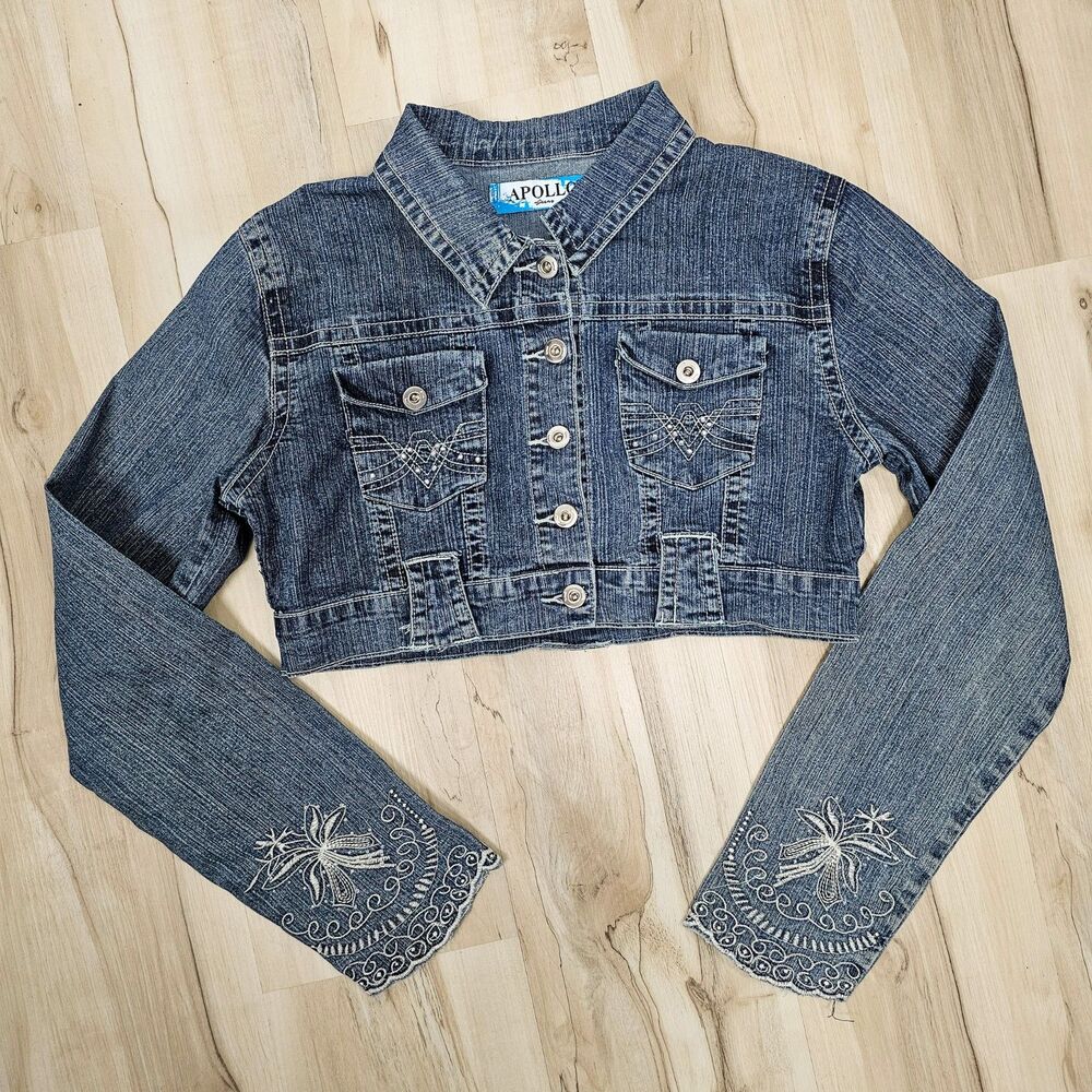 Vintage Apollo Denim Cropped Jacket Size M Y2K Embroidered Boho Blue Jean Shrug - Picture 4 of 8